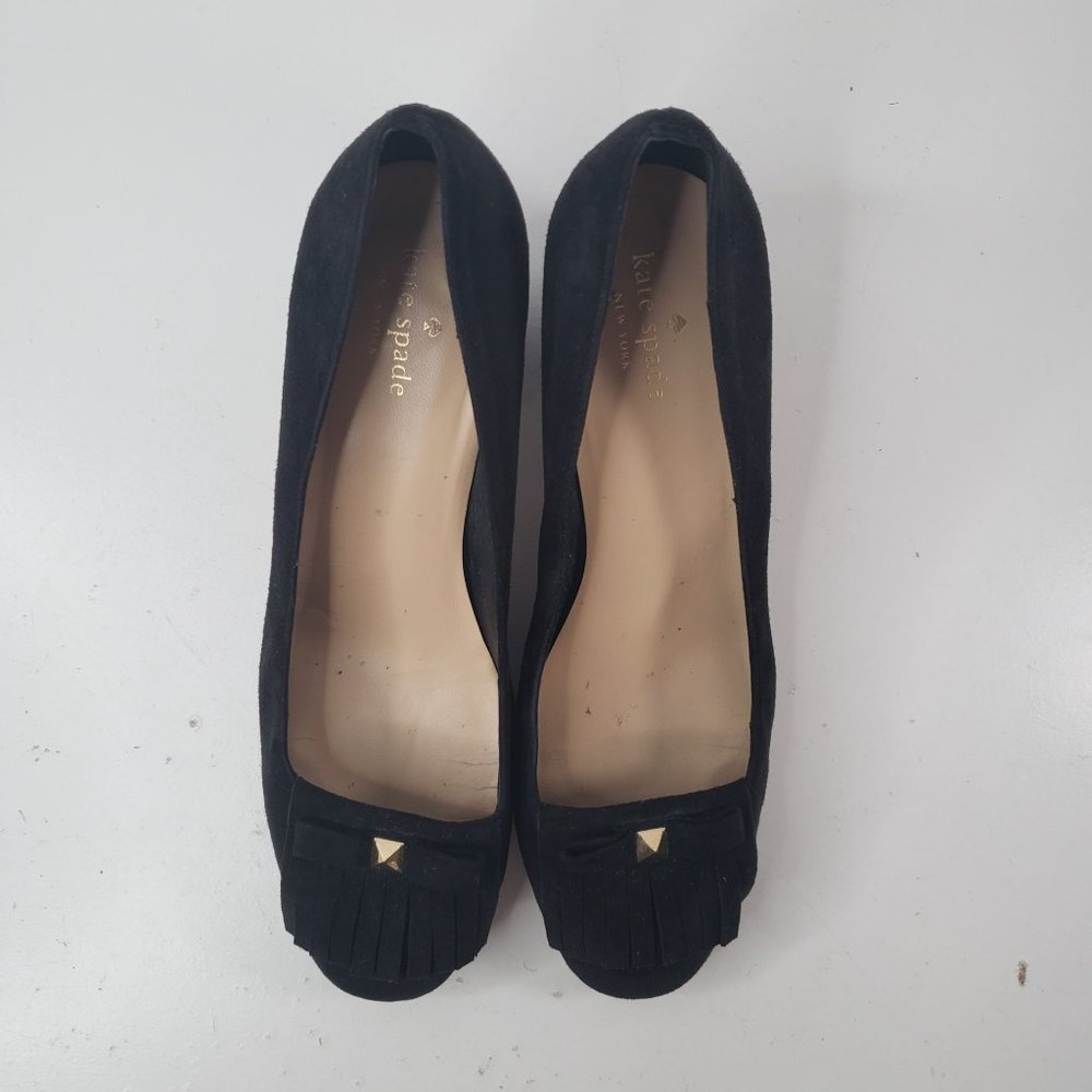 Kate Spade Kiltie Block Heel Pumps Sz 10 Black Suede Slip On Dressy Bow Heels - Picture 4 of 12